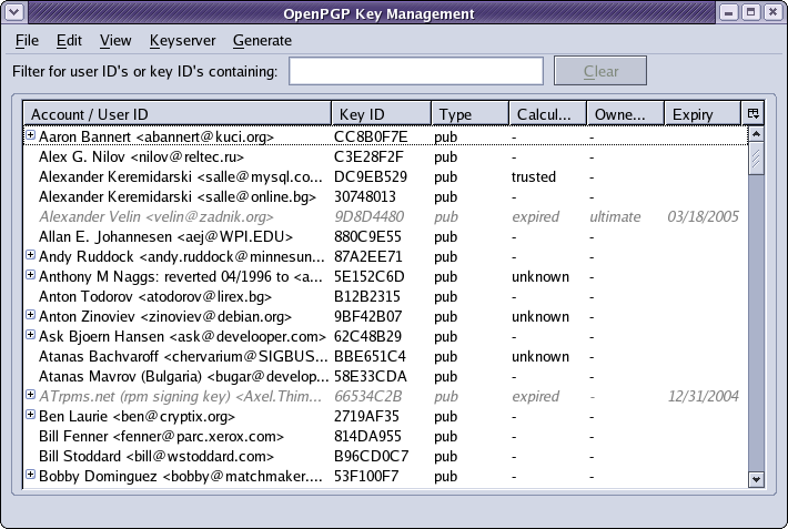 Прозорец за управление на хранилището за OpenPGP сертификати