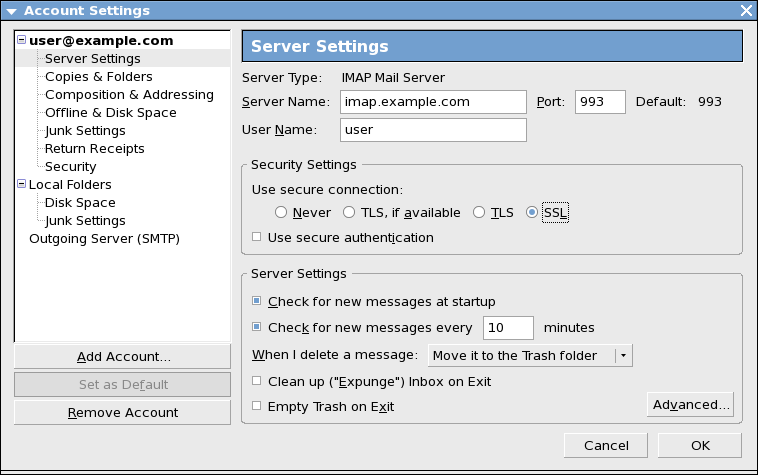 Настройки за достъп до IMAP сървъра с използване на SSLv3