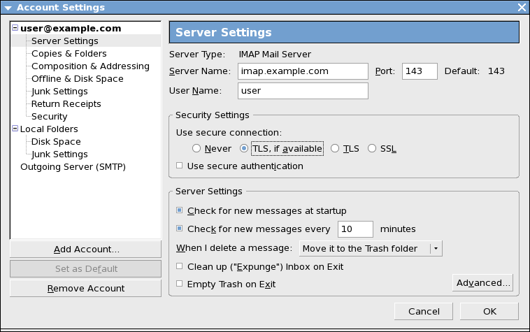 Настройки за достъп до IMAP сървъра с използване на TLSv1, ако се предлага от сървърския софтуер