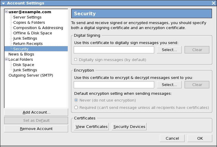 Секция 'Security' в IMAP профила