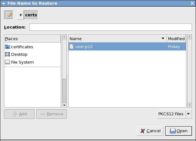 Избор на файла съдържащ PKCS#12 контейнера