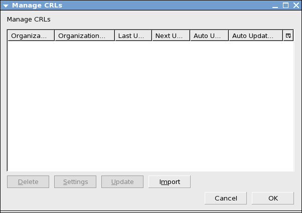 Прозорец на менюто за управление на списъци с отменени сертификати (CRL)