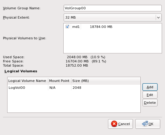 Anaconda: Информация за създадения swap дял в LVM2 групата VolGroup00