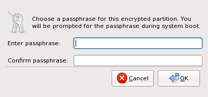 Anaconda: Прозорец за въвеждане на паролата за криптиране на създадените LUKS дялове